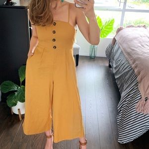 Yellow linen romper with tie back
